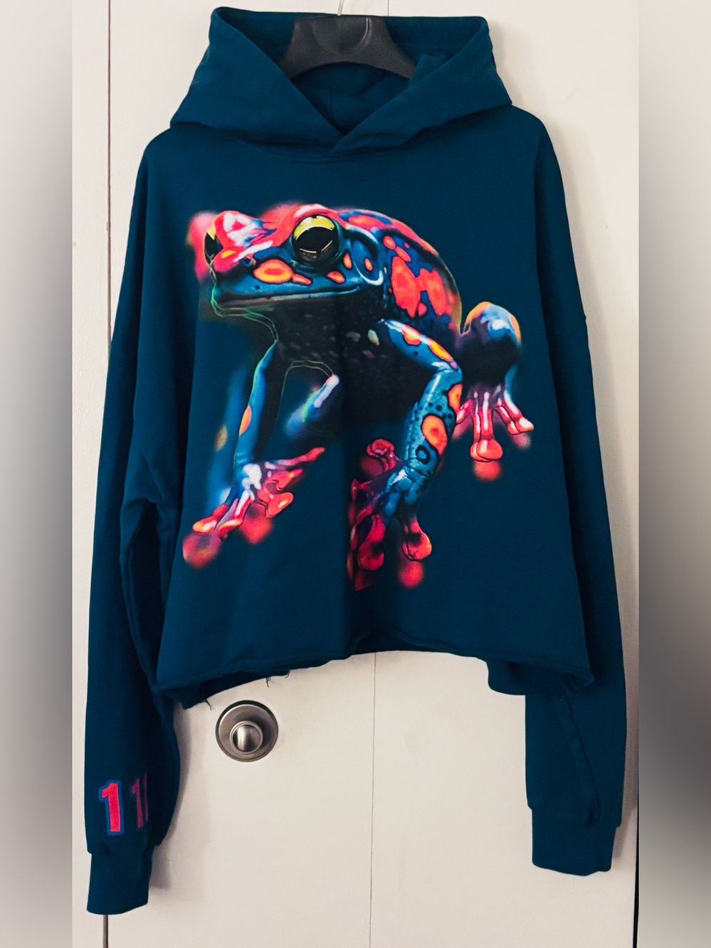 HANDMADE THICK TEAL COTTON HOODIE WITH COLORFUL ARTISTRY, size L